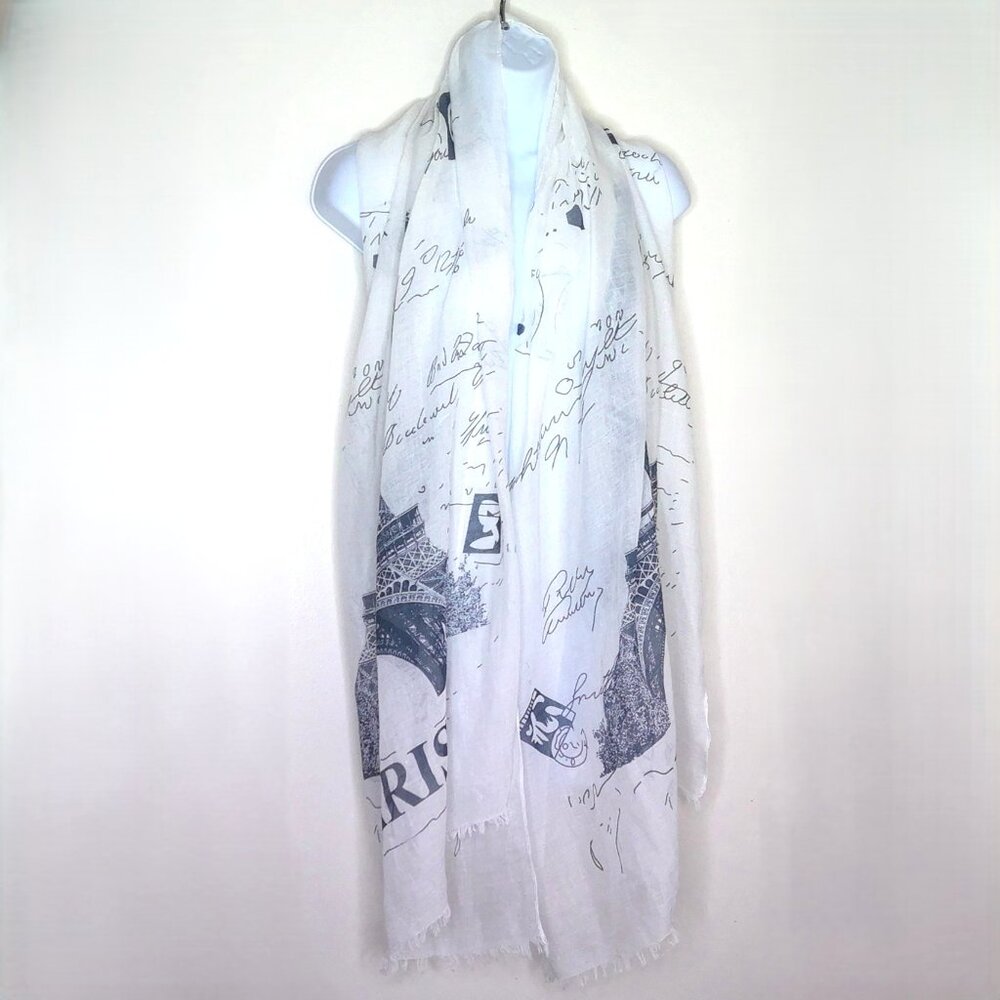 New Paris Eiffel Tower Scarf Wrap Lightweight Blue & White Shawl Fringe Sheer